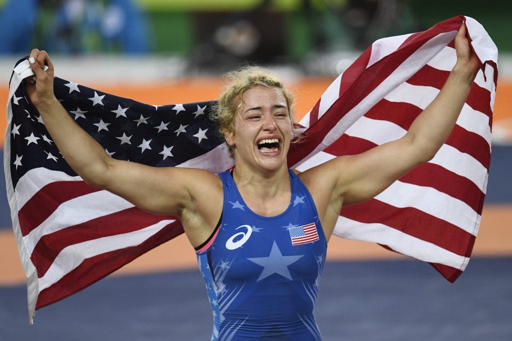 RIO DE JANEIRO, BRAZIL - AUGUST 18: Helen Maroulis of the United States reacts to defeating Saori Yoshida of Japan during 53kg women's freestyle wrestling title match on Thursday, August 18, 2016. Maroulis defeated Yoshida 4-1 to capture the gold. Yoshida is the world's most decorated wrestler with three Olympic gold medals and 13 world titles.  (Photo by AAron Ontiveroz/The Denver Post)